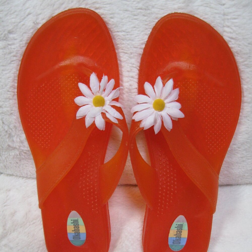 OKABASHI Reflexology Thong Orange w Flower LARGE, Women's 9.5 - 10